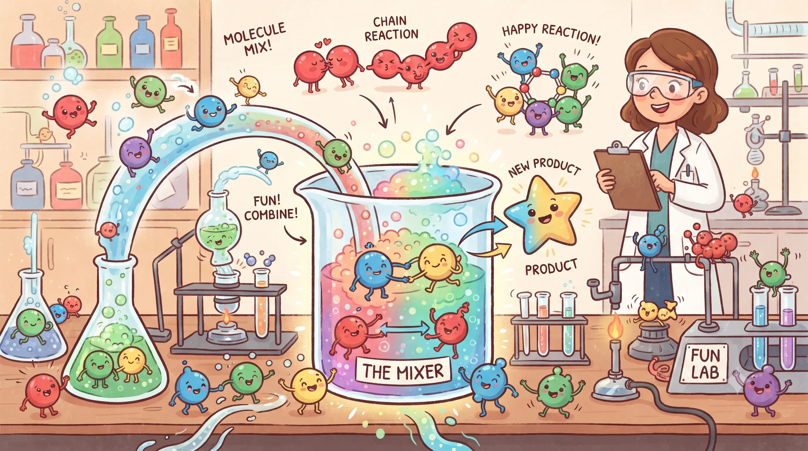 An illustration of molecules and chemical change