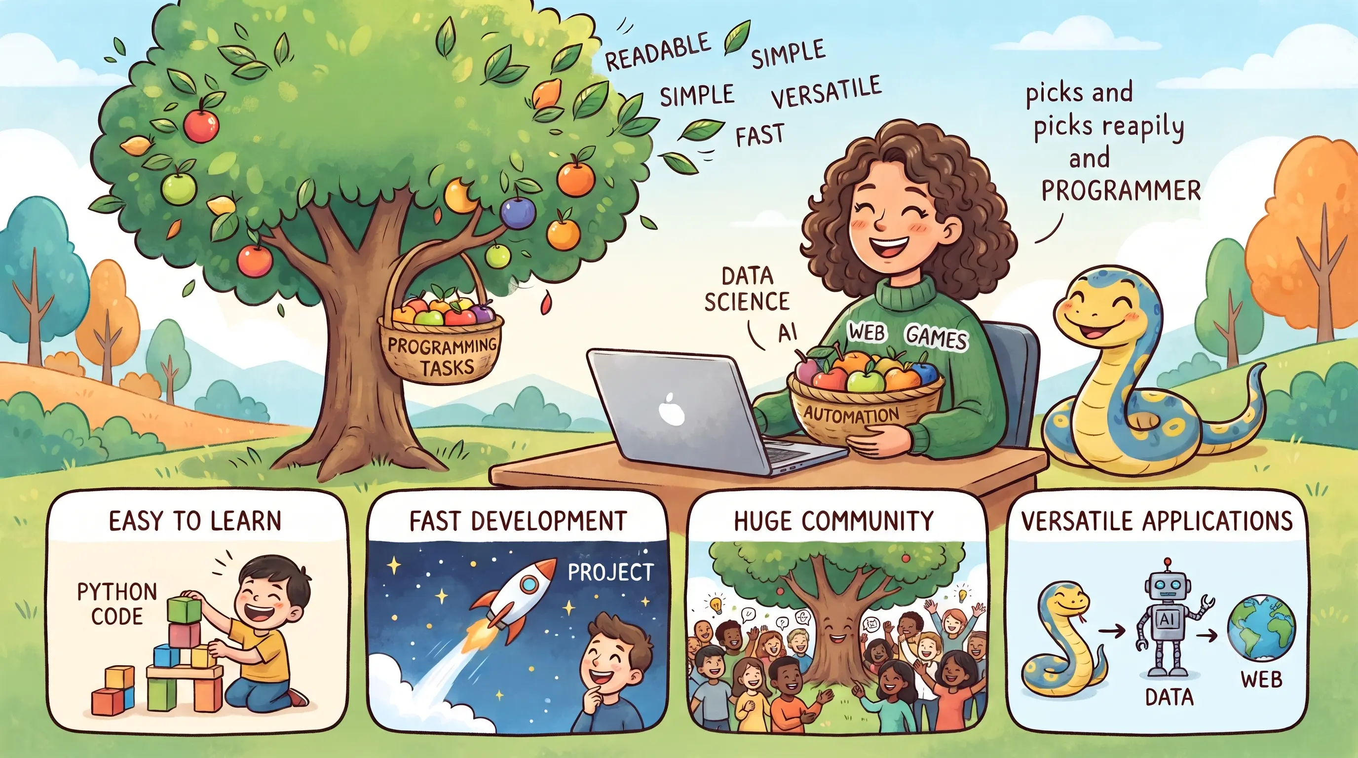 An illustration of Python's readability, versatility, community, and fast development